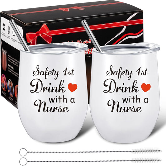 2 Pack Well-Designed Nurse Gifts for Women, Safety 1St Drink with a Nurse, Nurses Week Graduation Birthday Gift for Nurse Coworker, 12 Oz Nurse Wine Tumbler with Lid, Straw and Brush (White)